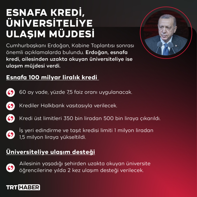 Cumhurbaşkanı Erdoğan'dan esnafa kredi, üniversiteliye ulaşım müjdesi